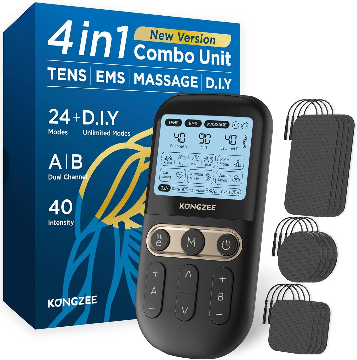 

4-in-1 TENS Unit EMS Muscle Stimulator, Dual Channel Pain Relief Machine with 12 Pads, Rechargeable