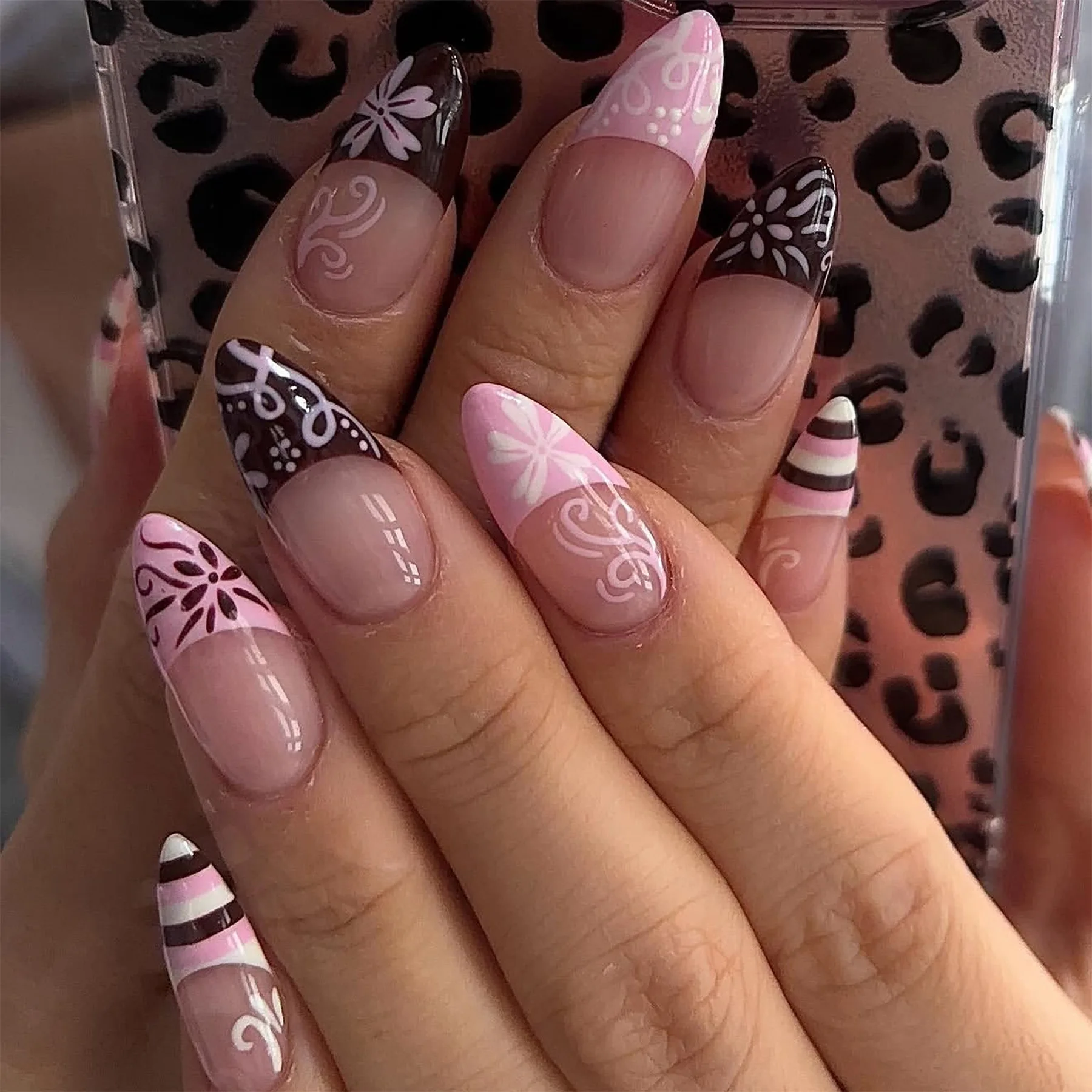 24pcs Pink Brown French Tip Press On Nails Drawn Flower Swirl Stripe Design False Nail Short Almond Fake Nail for Women&Girl