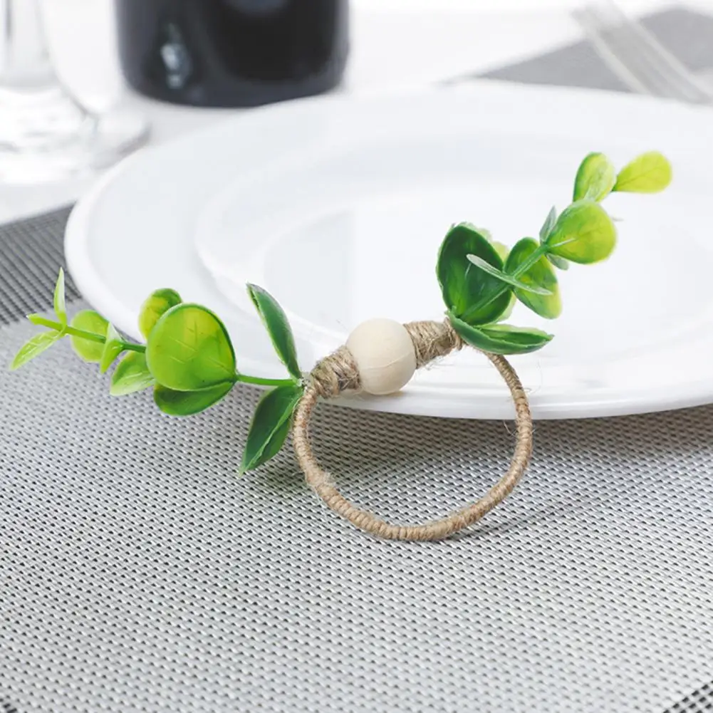 

Green Plant Napkin Rings Natural Wood Bead Napkin Rings Boho Chic Napkin Rings 6-piece Set of Artificial Eucalyptus for Parties