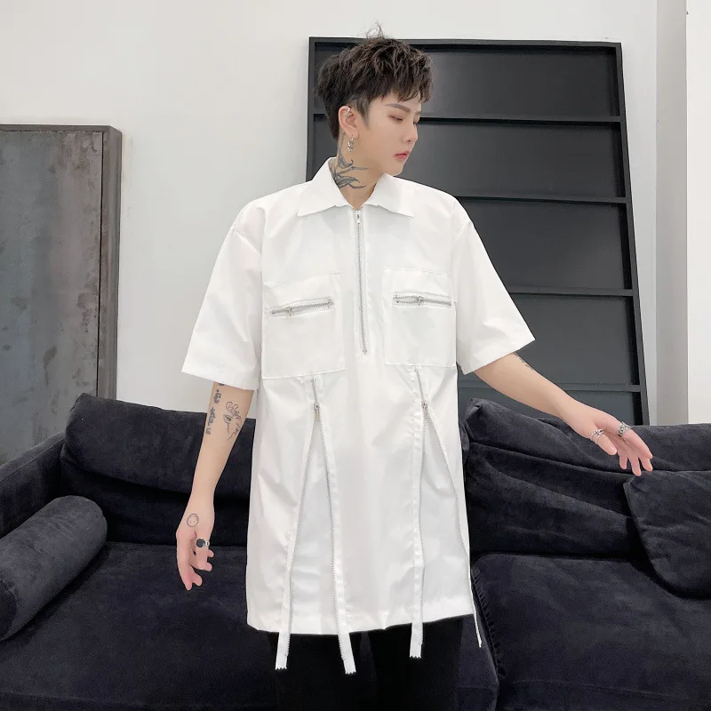 

Summer Loose Short-Sleeved Shirt Men's Korean Version Of The New Personality Zipper Decorative Fashion Pullover Casual Shirt