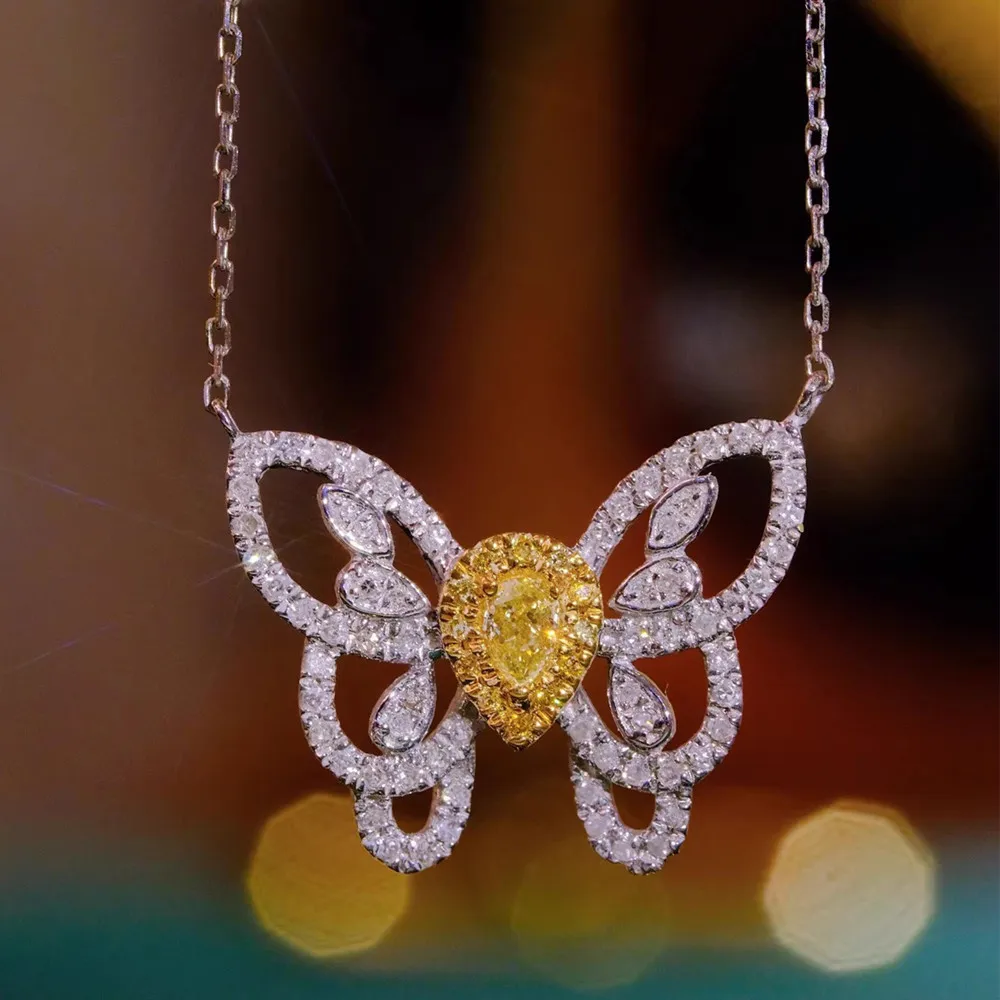 

High Grade Chic Gemstones Zircon Diamonds Butterfly Jewelry Sets for Women Wife Birthday Gift White Gold Silver Pendant Necklace