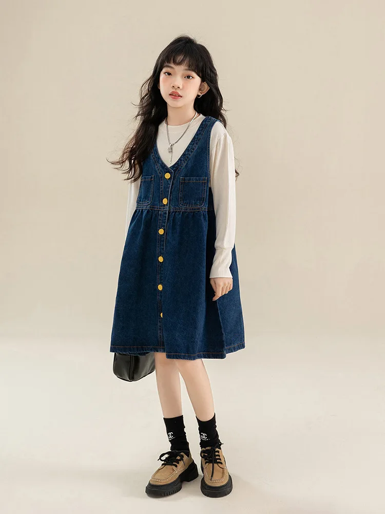 

Girls Spring and Autumn Dress Set2025New Stylish Children's Denim Skirt Fashionable Strap Skirt for Big Kids