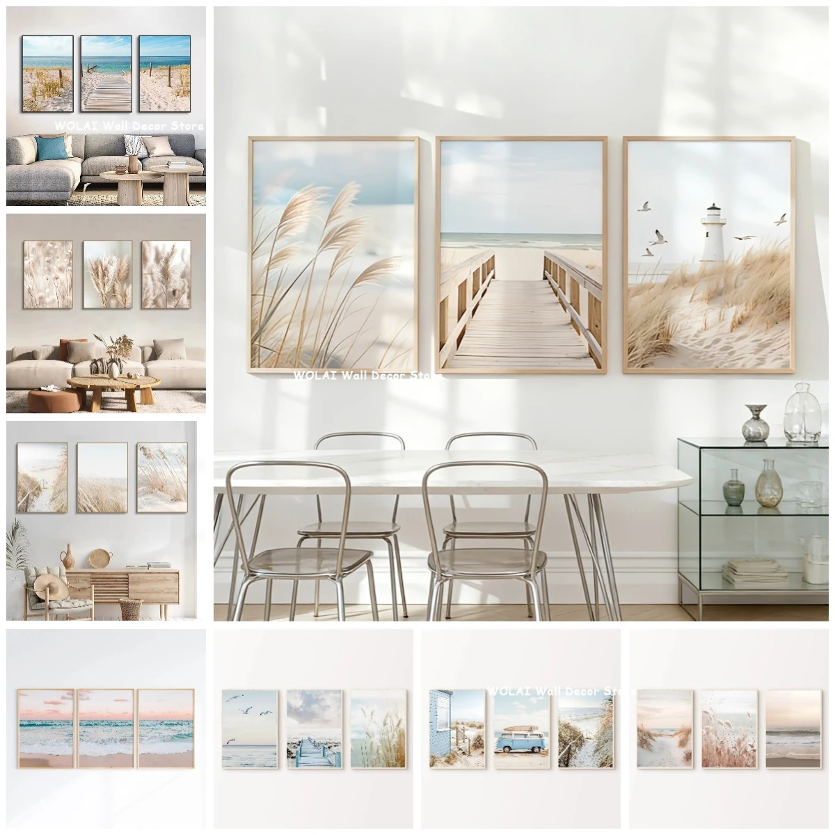Lot de 3 tableaux sur toile à thème marin et côtier, avec phare et plante de la pampa, pour une décoration intérieure moderne et paisible