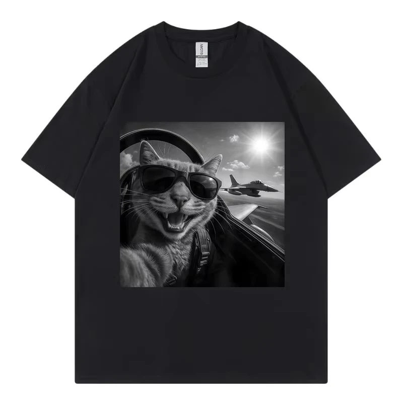 Cat Pilot Selfie Funny Meme Graphic T Shirts High Street Fashion Trend Short Sleeve T-shirts Men Women Casual 100%cotton T-shirt