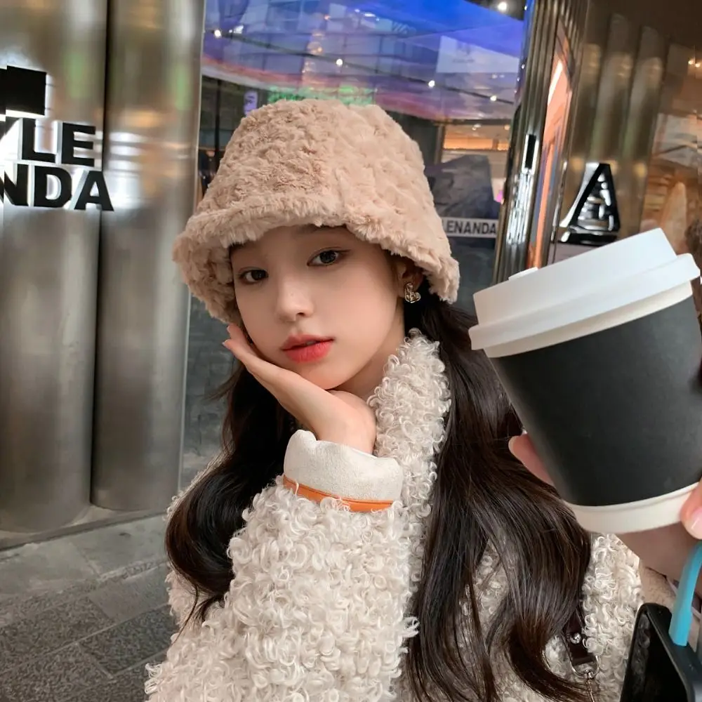 Winter Plush Plush Bucket Hat Lamb Wool Warm Panama Hat Soft Furry Basin Sun Cap for Women
