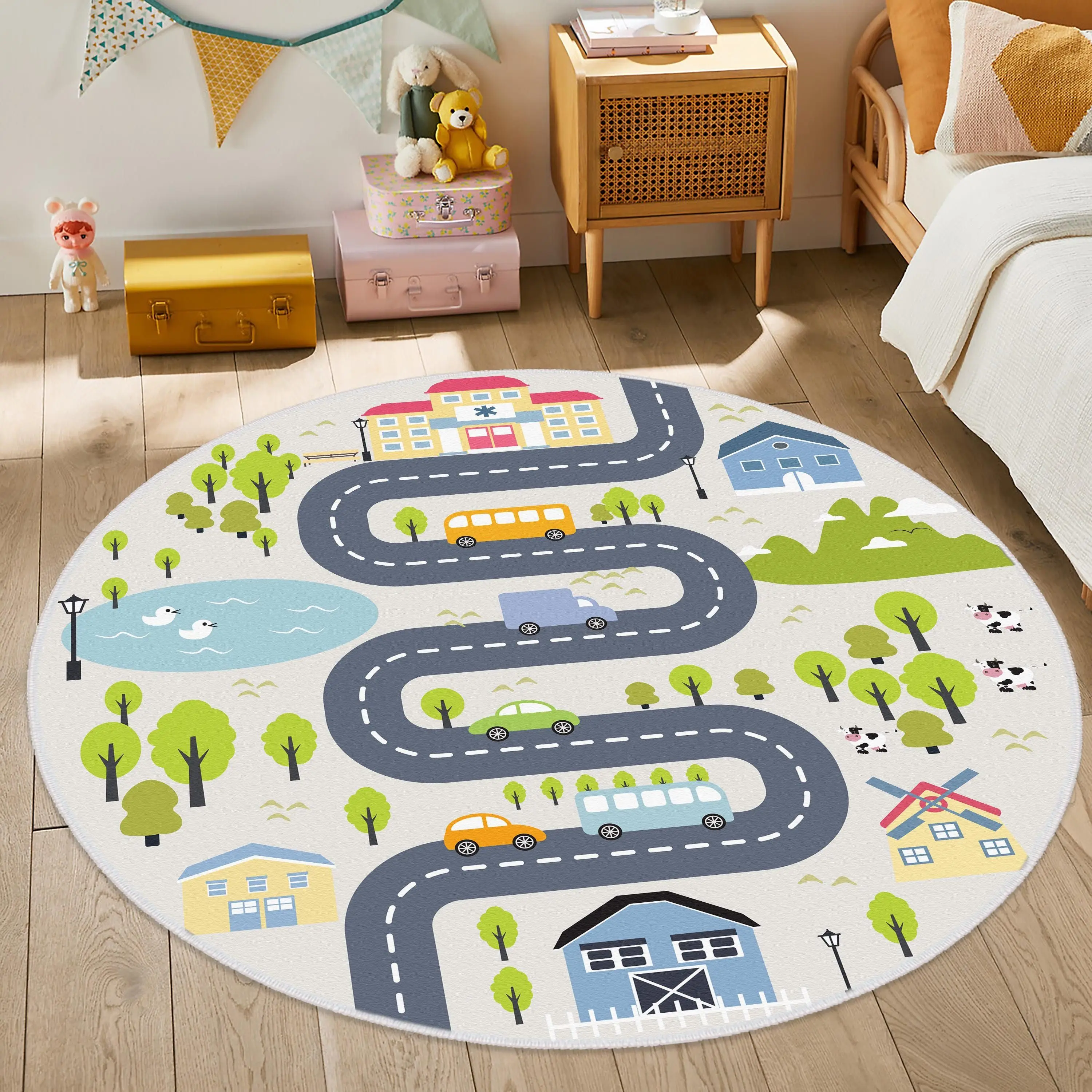 Cartoon Winding Road Round Rug Cars Houses Trees Print Playroom Floor Accent