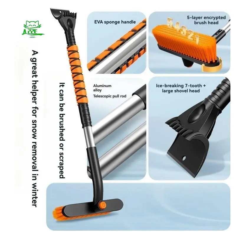 A22E-Extendable Snow Brush And Ice Scraper For Car Windshield, Car Snow Brush & Ice Scraper With 360° Pivoting Brush Head