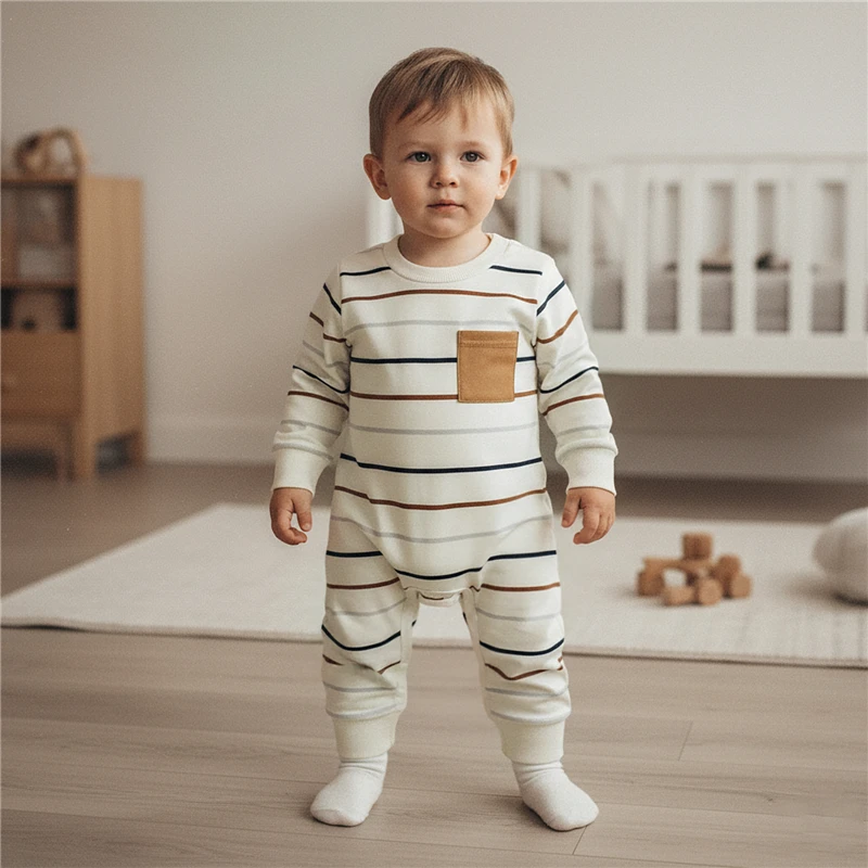 

Комбинезон в полоску для новорожденных мальчиков на весну и осень, комбинезон с круглым вырезом и длинными рукавами, с одним левым нагрудным карманом