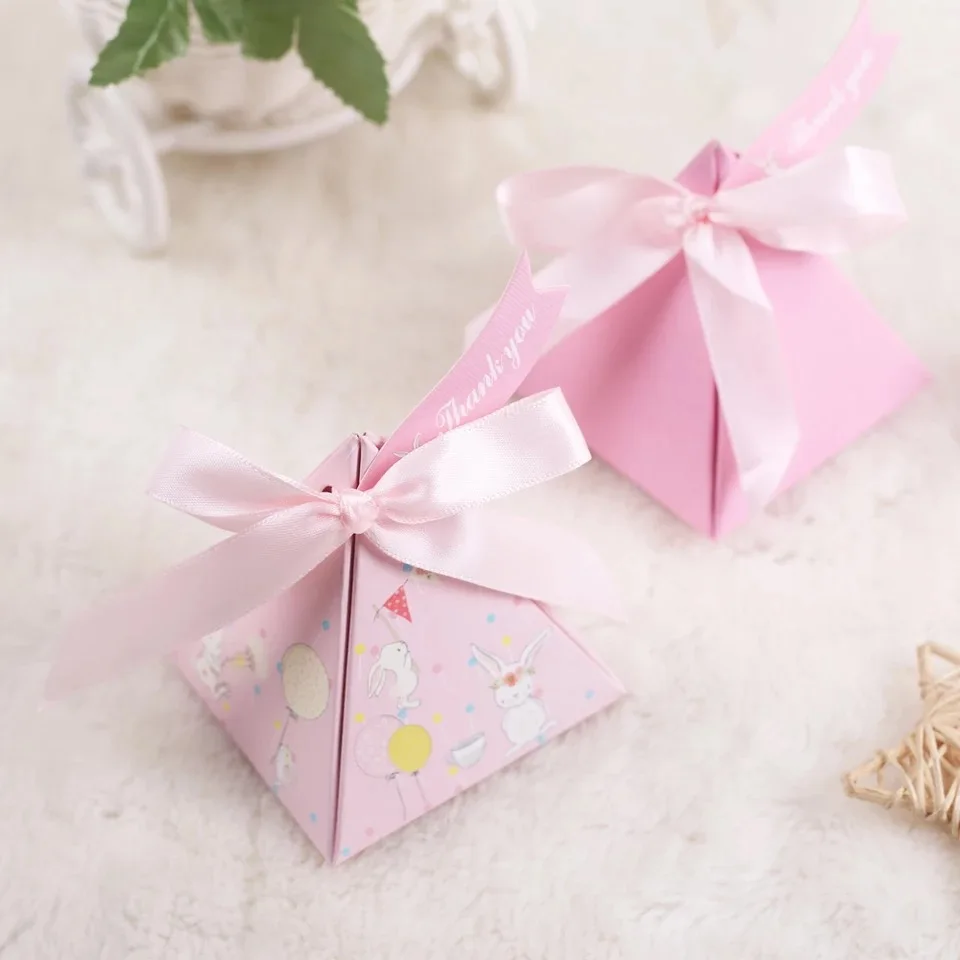 

100pcs New pink Triangular Pyramid cartoon rabbit Candy Boxes + thank you tags birthday Party Wedding Favors Gift Box