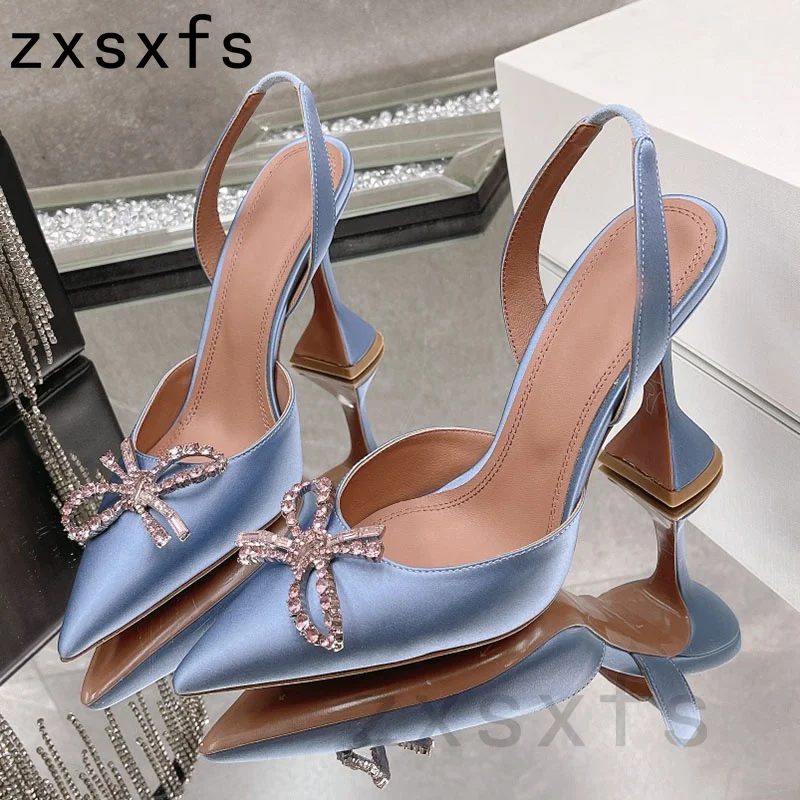 

Popular Satin High Heel Pumps Women Crystal Bowknot Designer Shoes Elegant Point Toe Office Career Women Sandals size43