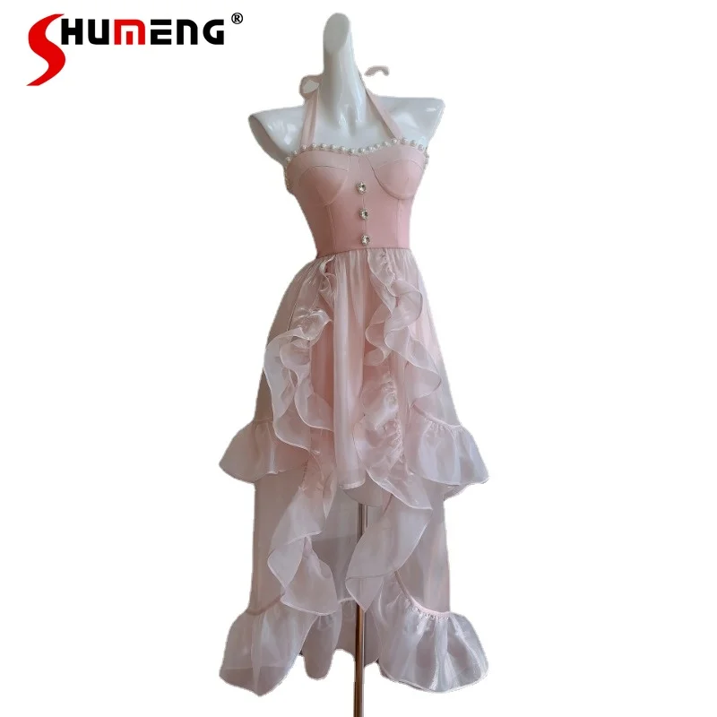 

2023 Summer French Retro Sexy Strap Tube Top Fairy Dress Irregular Trailing Ruffled Halter Dress Sweet Clothes Vestidos De Mujer