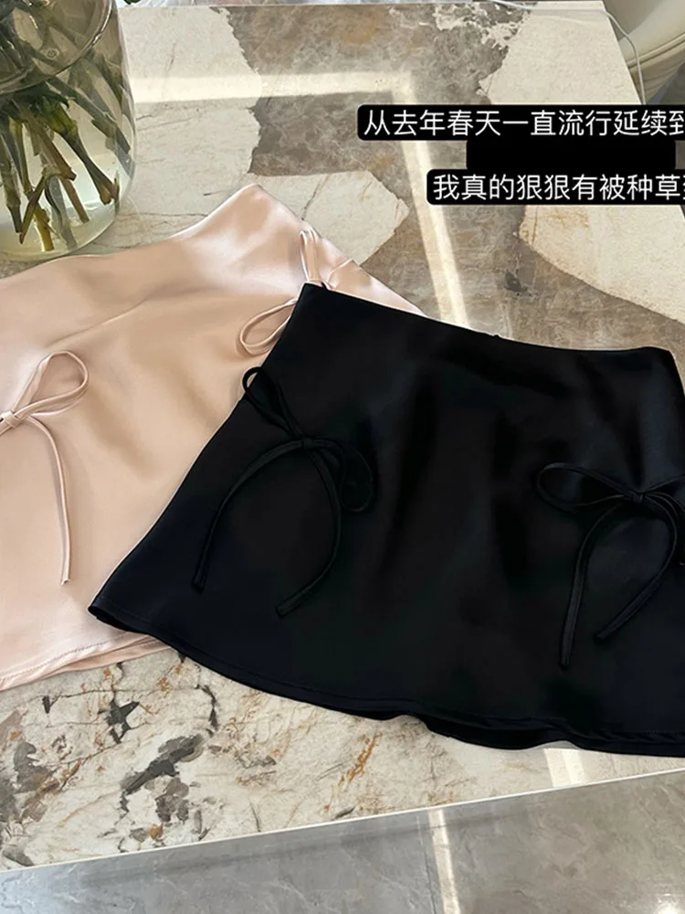 Fashion Satin Mini Skirt Women Cozy Bottoms High Waist Sexy Hot Girl Korean A-Line Skirt Bow Streetwear Clothes American Retro