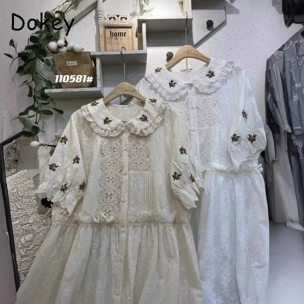 Japan Style Mori Girl Embroidery Flower Cotton Dress Women Vintage Patchwork Peter Pan Collar Lolita Puff Sleeve Dress Vestidos