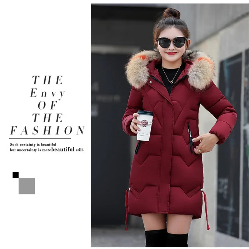 Winter Parkas Women Clothing Fur Collar Hooded Cotton Jacket Slim Long Sleeve Pocket Windproof Coat Warm Thick Puffer Jacket New