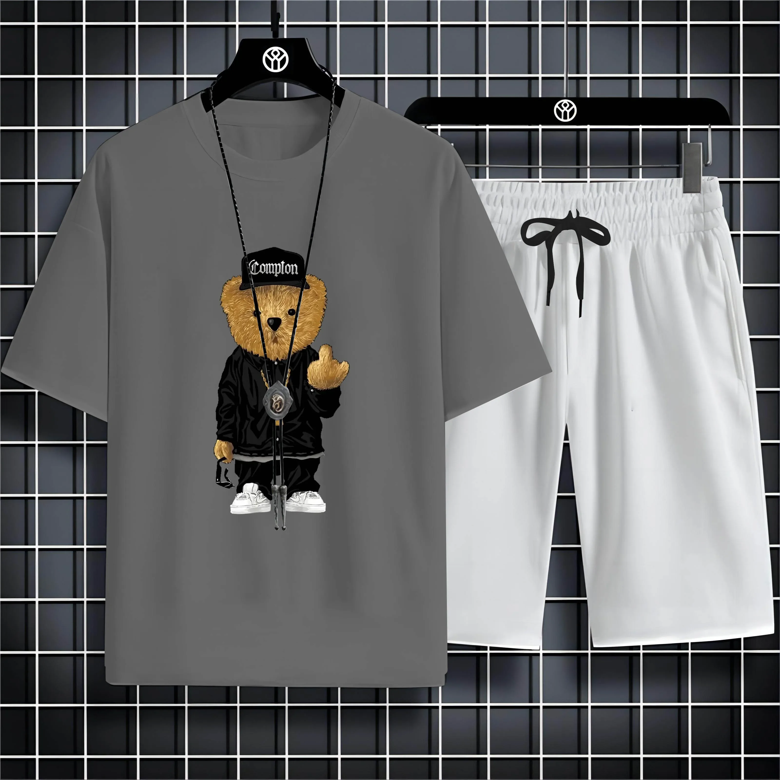 2023 Men\'S New Short Sleeve Shorts Sportswear Set Doll Bear Print Pattern Simple And Generous Speed Dry Suitable For Summer