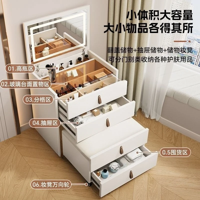 Flip-Top Vanity Table with Mirror Stool and Wheels, Bedroom Makeup Dresser with Storage Cabinet and Nightstand Function
