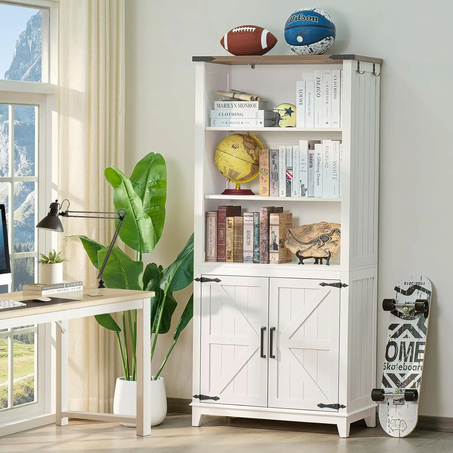 5 Tier Bookshelf 70in Tall Bookcase with Barn Doors and Storage Cabinet, White Farmhouse Book Shelf ,Kitchen (2PCS)