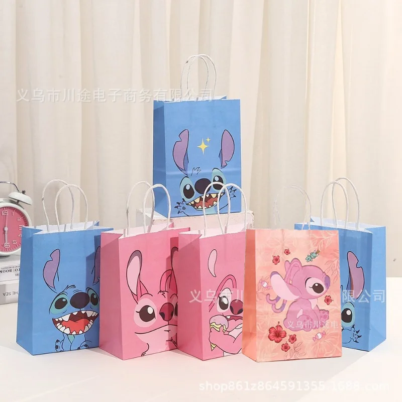 Sacs cadeaux de fête Disney Lilo & Stitch, sac en papier Kraft imprimé graphique de dessin animé mignon, sacs à main portables à la mode, décor d'anniversaire