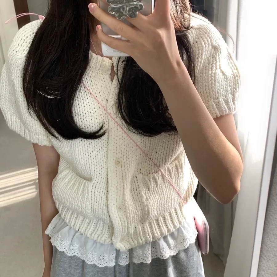 

Chic Vintage Knitted irt ort Sve Pure Color Women's Faionable Autumn Winter Wool Blend Single Button Closure Top