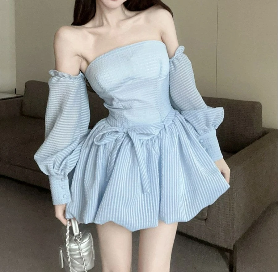 

2026 Summer New One-word Shoulder Tube Top Dress Women's Summer High-end Waist Skirt