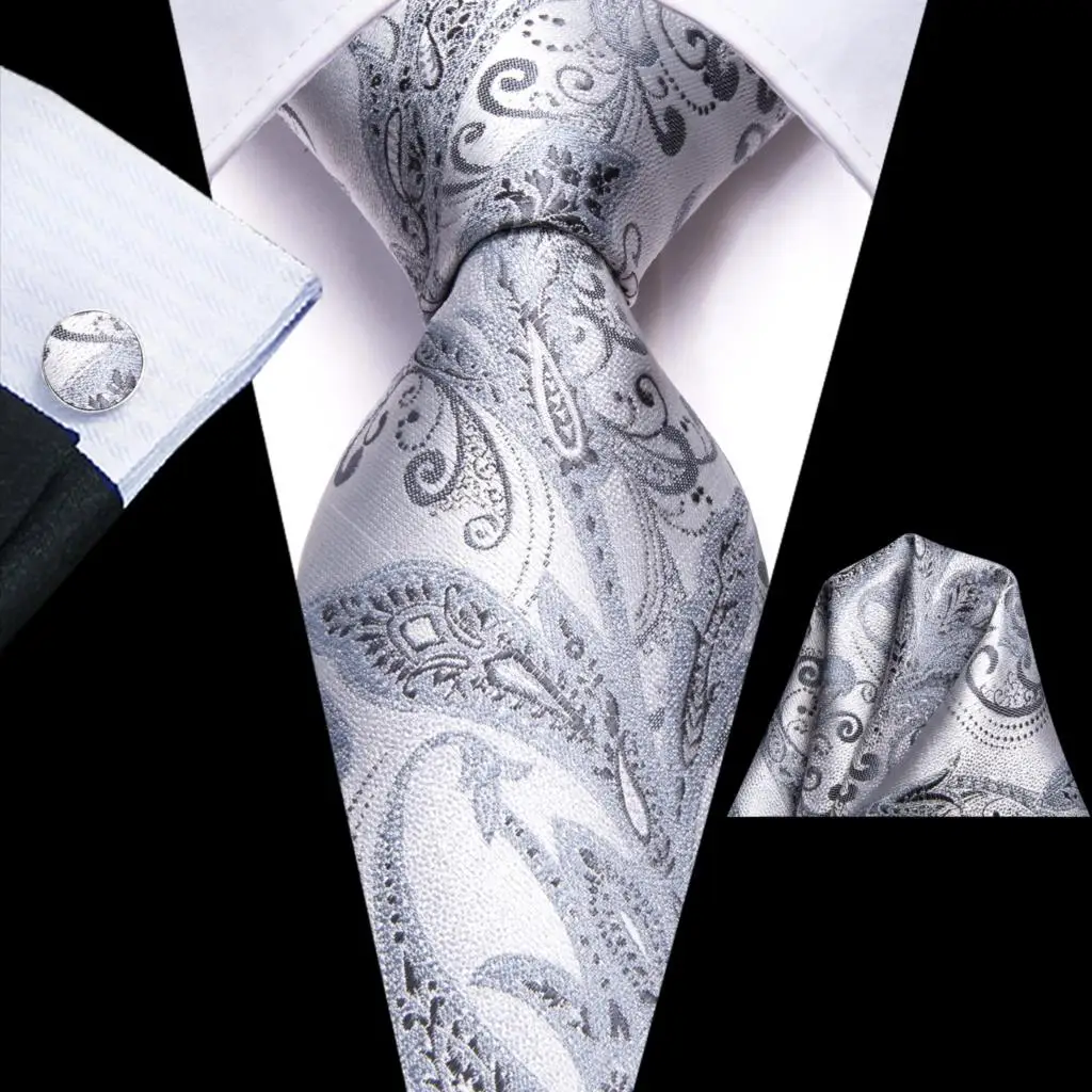 

Hi-Tie Designer Silver Grey Paisley Silk Wedding Tie For Men Handky Cufflink Gift Men Necktie Fashion Business Party Dropship