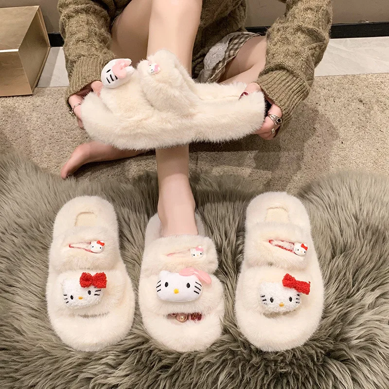 

Sanrio Hellokitty Cartoon Cartoon Girl Heart Thick Bottom Autumn and Winter New Fluffy Slippers Fashion One Word Cotton Slippers