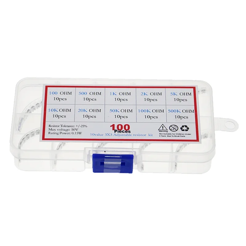 100pcs 10Value Trimpot Trimmer Potentiometer 3X3 SMD Variable Resistor Assorted Kit ohm 500 ohm 1K 2k 5K 10K 20K 50K 100K 500K