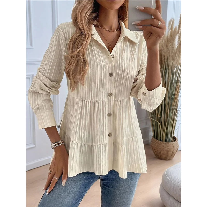NEW-レディース ボタンダウン ペプラム ブラウス 長袖 襟付き ルーズ フィット シャツ テクスチャード トップ