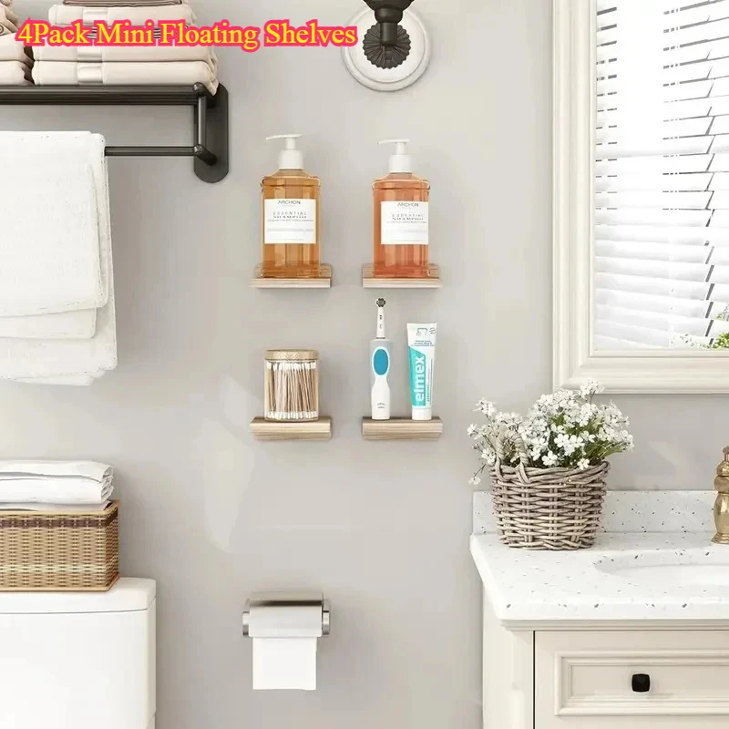 4Pack Mini Floating Shelves - 5 Inch Wood Display Ledges with 2 Installation Types for Room Decor