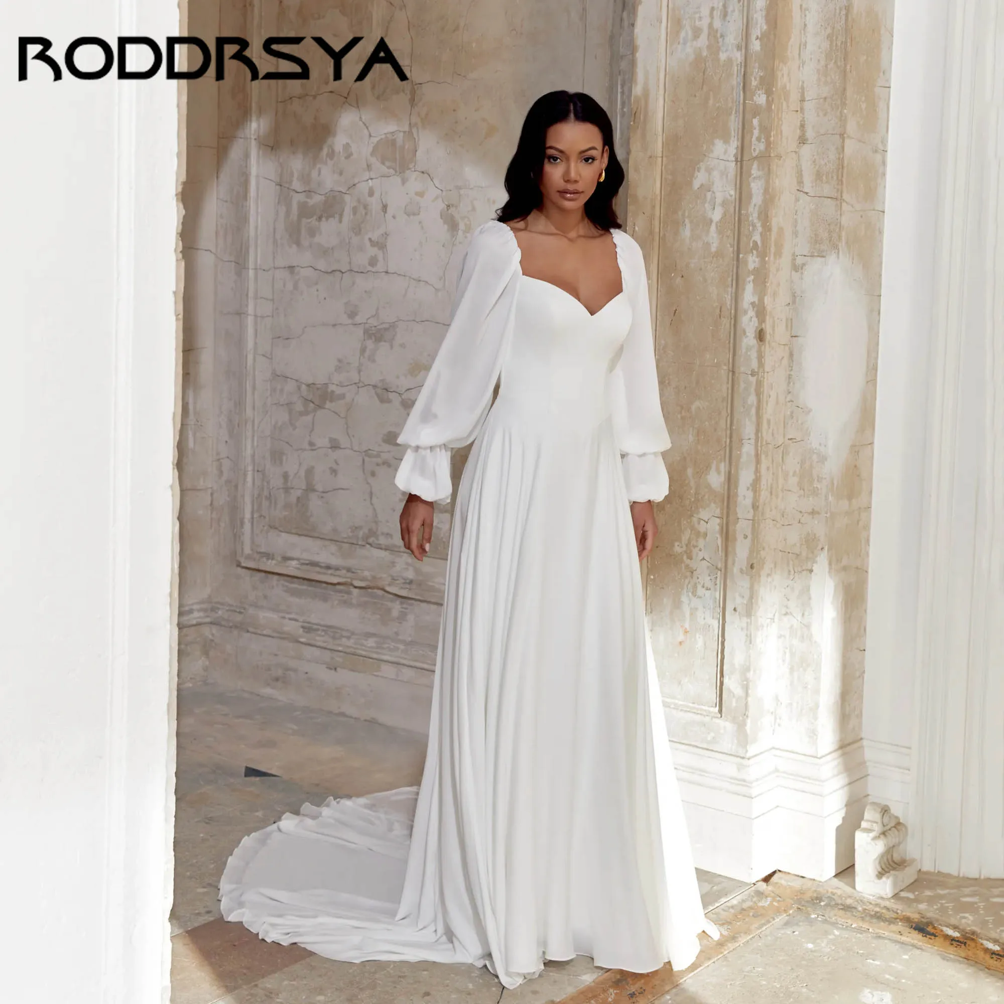 RODDRSY minimalisme en mousseline de soie a-ligne robe de mariée chérie manches longues bouffantes robe de mariée Simple dos nu robe de mariée personnalisée