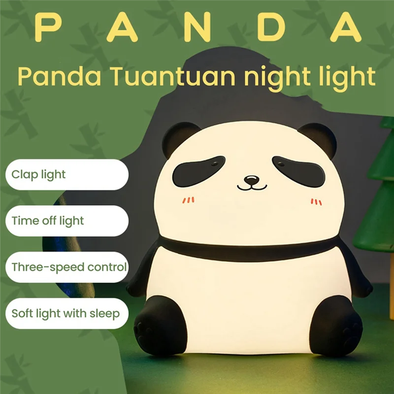 

AB46-Cute Panda LED Night Light Silicone USB Rechargeable Timer Bedside Lamp Room Decor Children Nightlight Gift