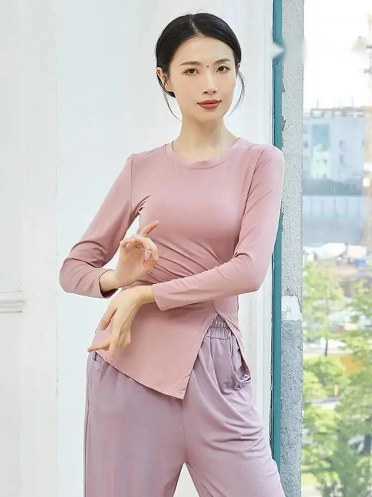 Camicia da ballo con orlo irregolare increspato tinta unita manica lunga slim fit stile classico top da donna allenamento per prove di scena