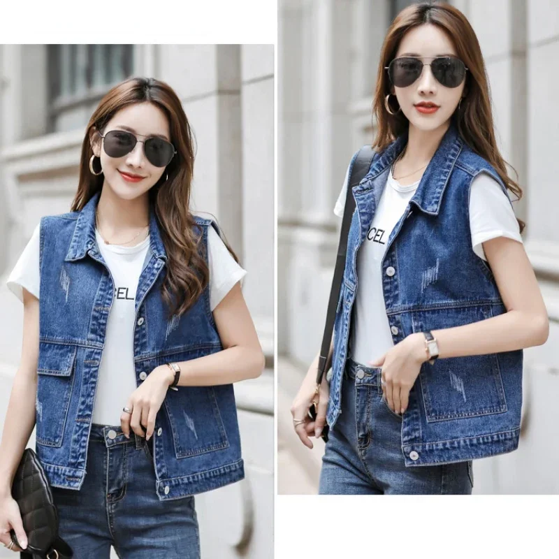 Ladies Fashion Sleeveless Cardigan Women Vests Female Woman Waistcoat Clothes Girls Casual Beautiful Outerwear Denim Vest 88169