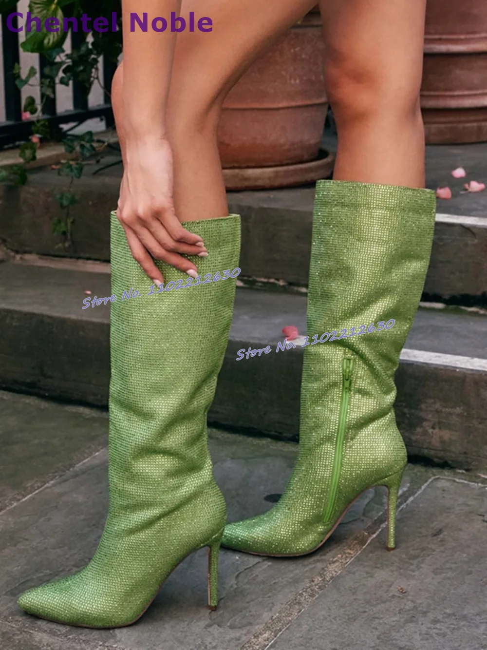 

Green Bling Bling Boots Fashion Pointy Toe Thin High Heels Zipper Knee High Boots Sexy Solid Party Catwalk Winter Women Shoes