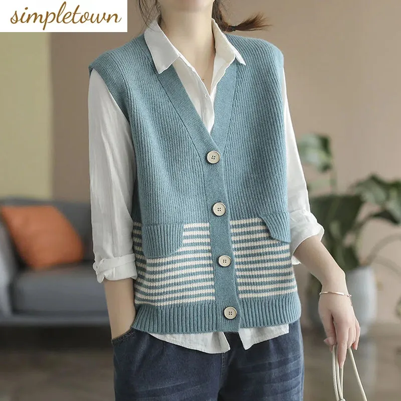 

Spring and Autumn Tank Top Sweater Coat Women's 2023 New Vintage Stripe Knitted Tank Top Overlay Loose Reducing Age Top