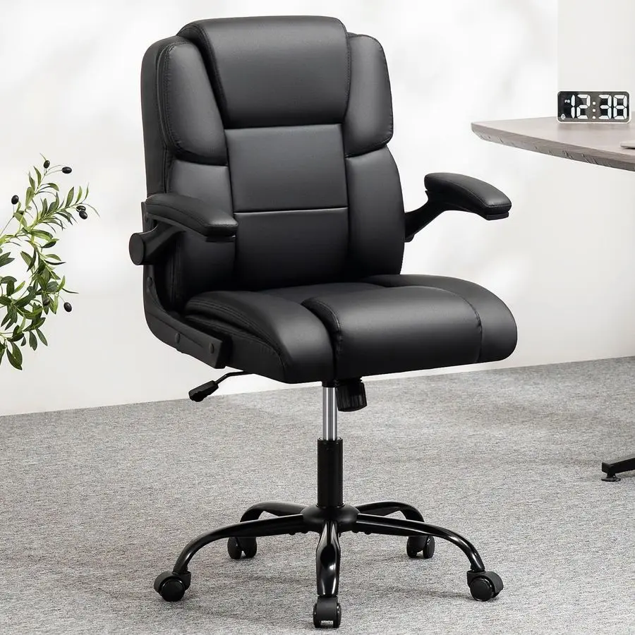 Leather Office Chair Home Computer Desk Chairs with Flipup Arms and Swivel Wheels Adjustable Height PU Leather Mid Back Ergonomi