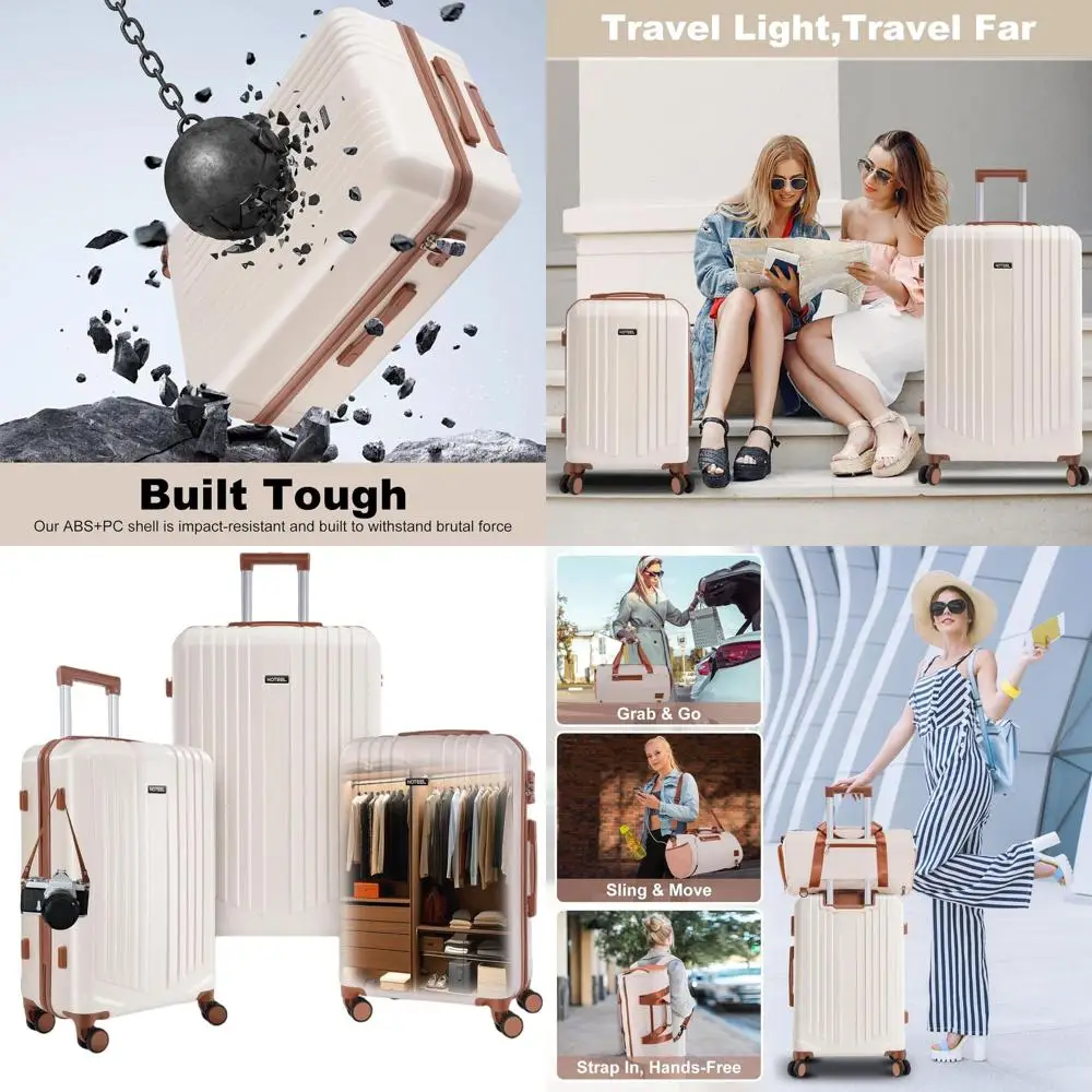 

3-Piece Spinner Luggage Set with TSA Lock - Lightweight ABS+PC Suitcases (20/24/28, Beige), 4-Year Warranty
