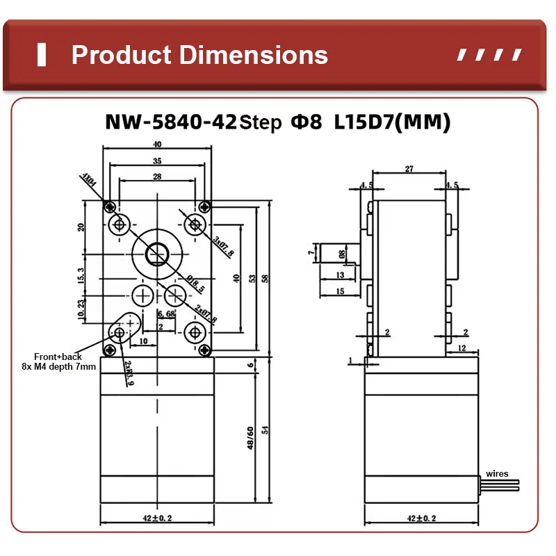 5840-42BY NEMA 17 Right Angle Worm Gear Reducer 2 Phase 4 Wires 1.8 Degree High Torque Low RPM DC Stepper Motor Reversible CNC