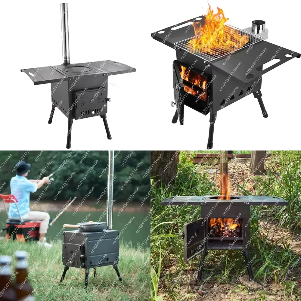 Wood Burning Camp with Chimney Pipes Portable Wood Burning Outdoor Stove Foldable Cast Iron Tent Stove for Heating and