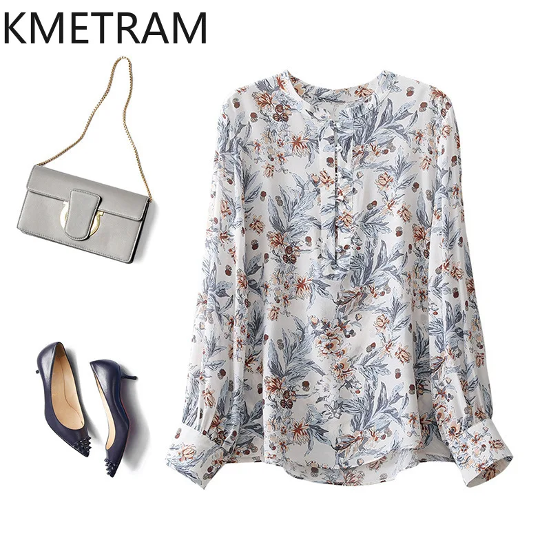 Kmetram Mulberry Silk Shirt Elegant Floral Print Shirts Women High Quality Long Sleeve Blouse 2024 Blusas Elegante Feminina