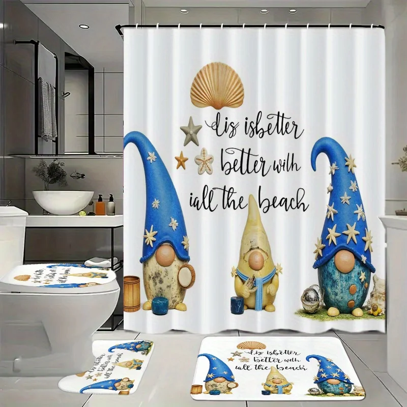 

Набор для ванной комнаты из 4 предметов с занавеской для душа, 12 крючков, напольным ковриком, крышкой для унитаза и декоративными аксессуарами - дизайн на пляжную тематику