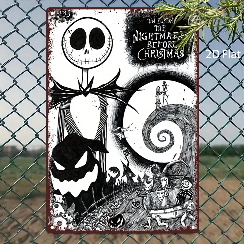 Letrero de pared de metal plano 2D, pesadilla antes de Navidad, Jack Skellington y Sally, con licencia oficial, arte gótico inspirado en Tim, 20.