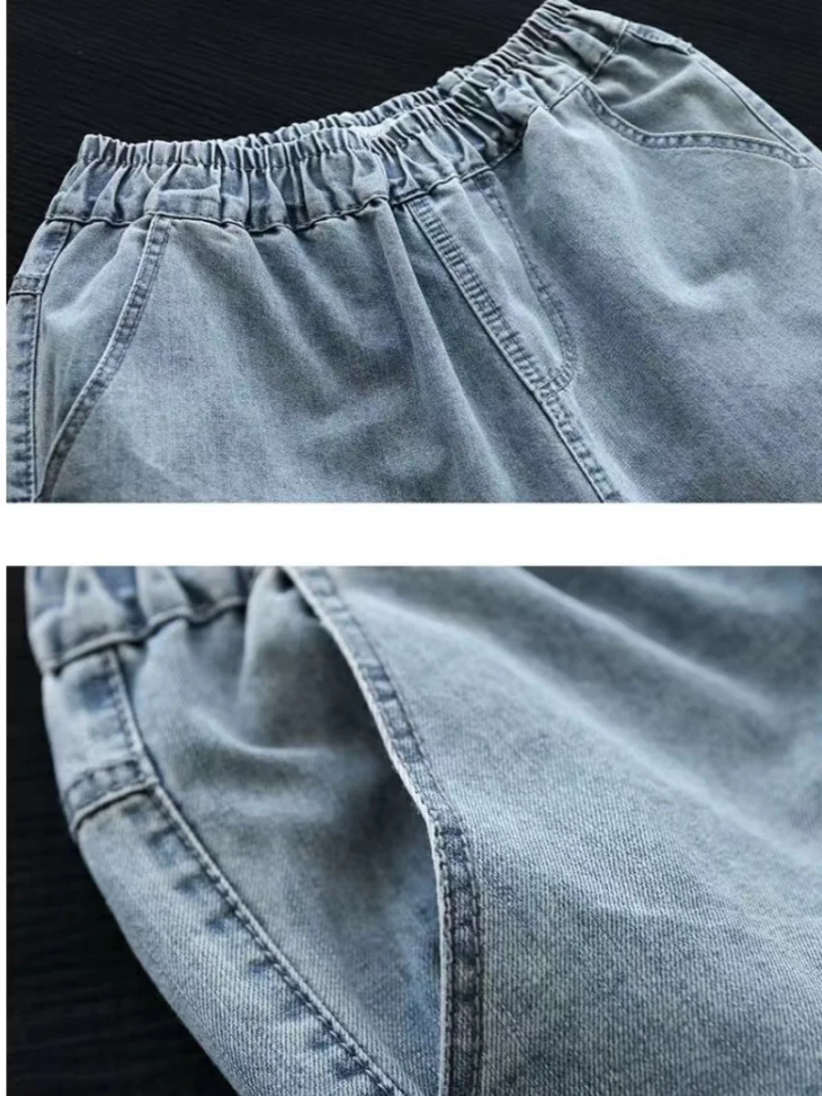 

Женские хлопковые джинсовые широкие брюки, летние винтажные брюки с вышивкой, потертый дизайн, прямые брюки из девяти предметов, тонкие с высокой талией