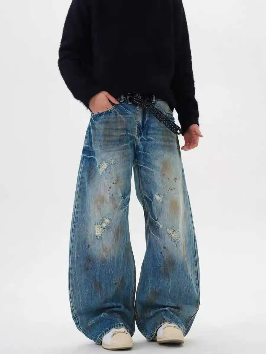 Women's Blue Y2k Baggy Ripped Jeans Japanese 2000s Style Boyfriend Jean Pants Vintage Harajuku Distressed Denim Trousers Clothes