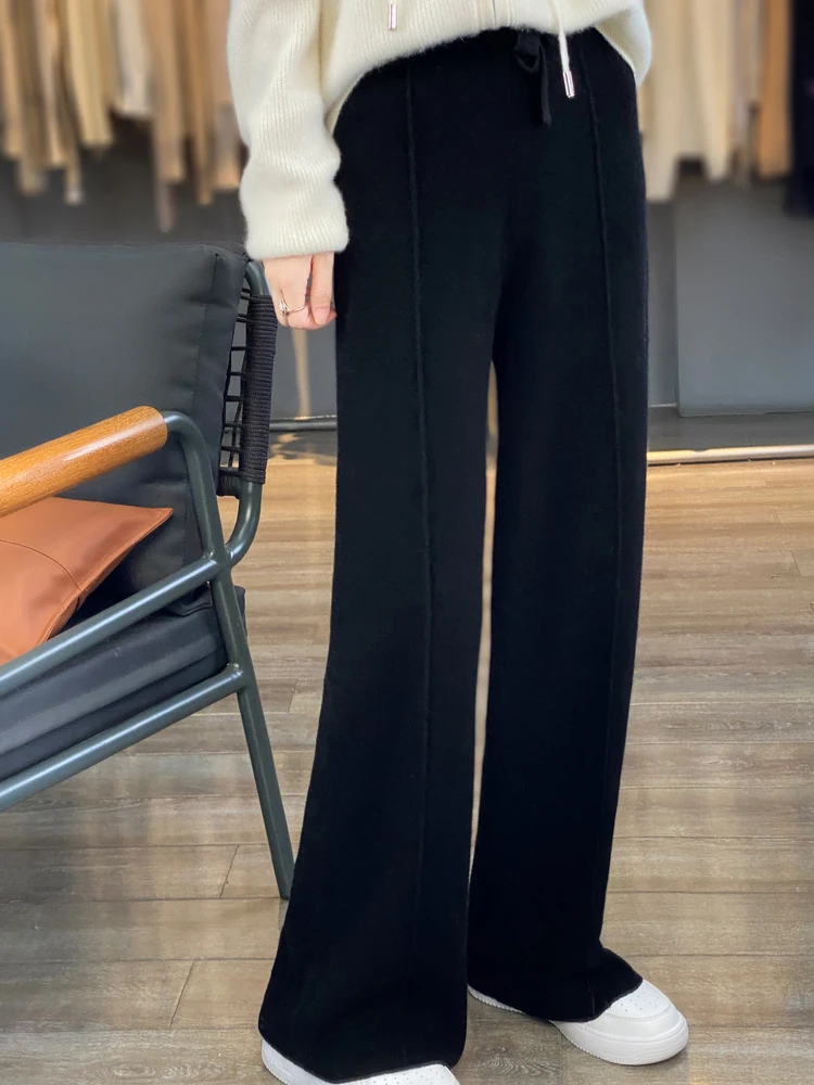 Pantalones de pierna ancha tejidos de lana merina de 100% para mujer, pantalones básicos de punto de Cachemira suaves y cálidos para otoño e invierno, estilo informal Simple coreano