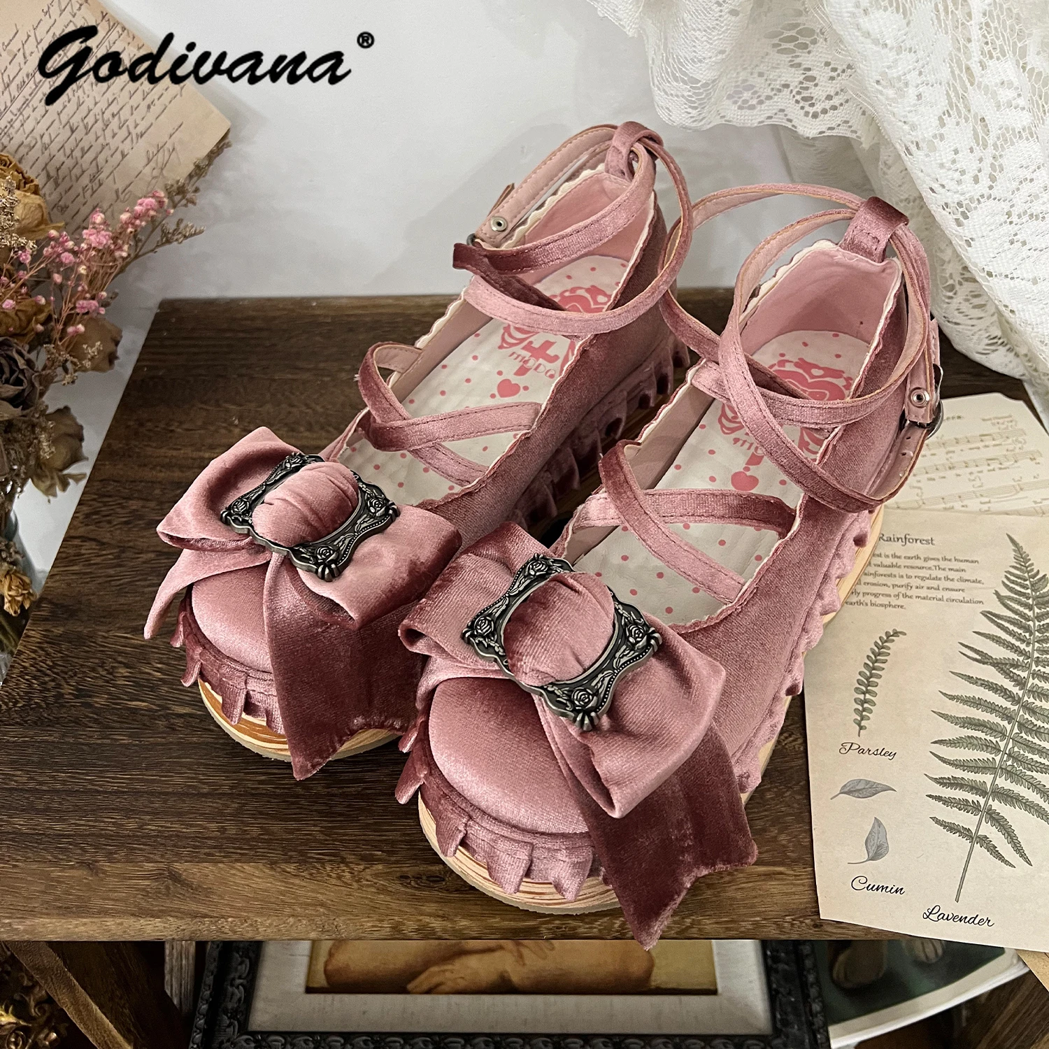 

Original Wood Bottom Platform Shoes New Autumn Women's Sweet Bow Velvet Lolita Mary Jane Shoes High Heel Pumps