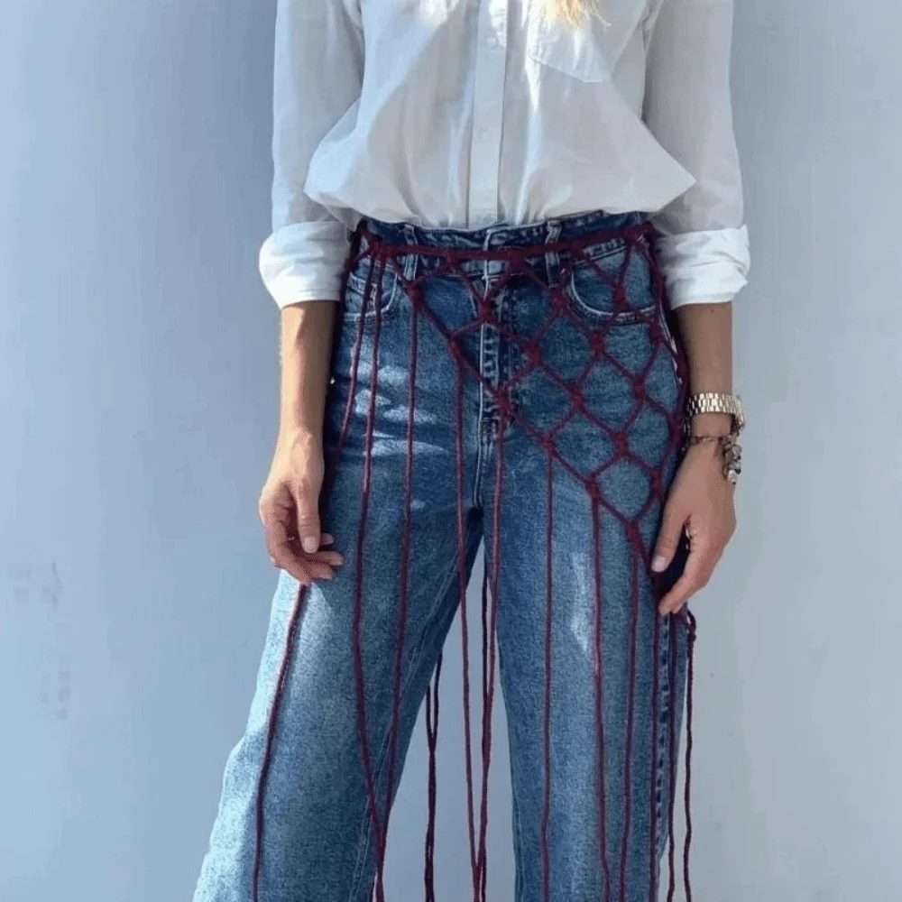 New Bohemian Netted Fringe Scarf Shawl Decorative Tassel Ethnic Design Mesh Tassel Waistband Waist Wrap Versatile Styling