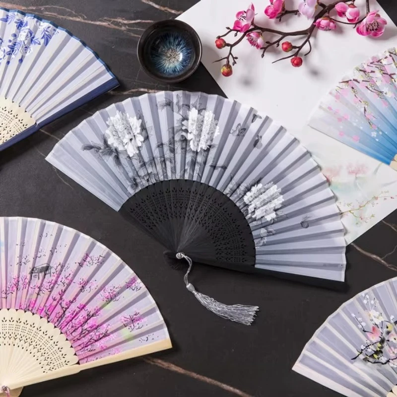 1Pc Bamboo Folding Fan Lace Classical Dance Hand Fan Performance Handheld Fan Photo Props Wedding Party Home Decor