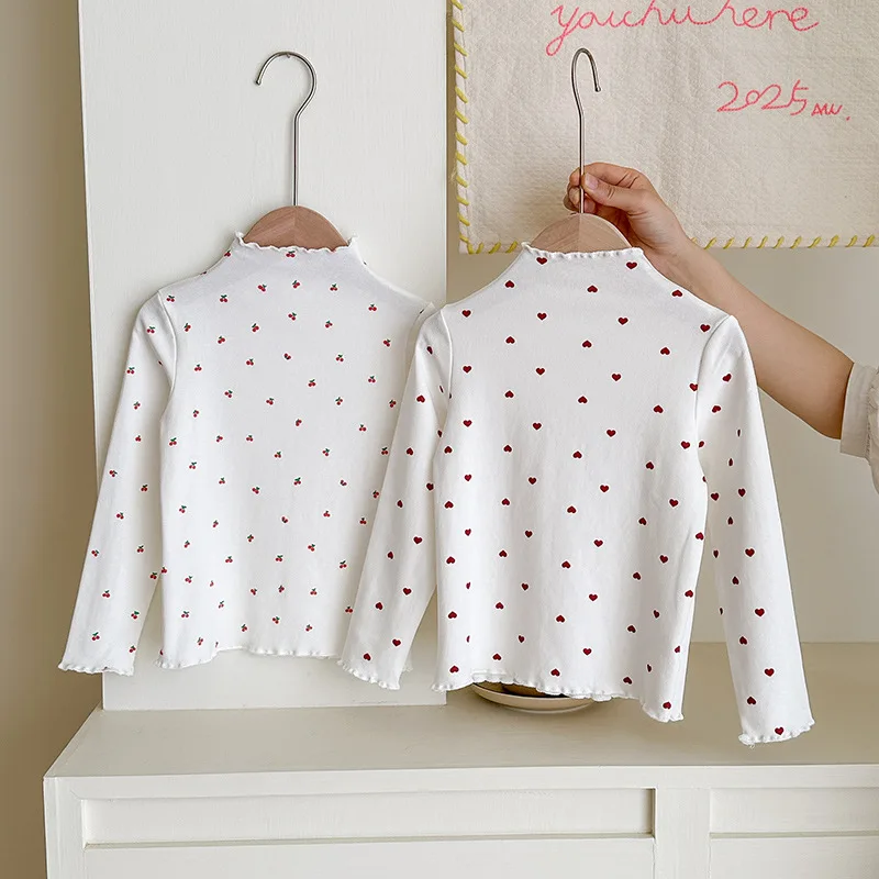 Neues Frühlings- und Herbst-Baby-Mädchen-Oberteil mit Schleifenmuster, Rüschen, Stehkragen und langen Ärmeln, Unterhemd für Kinder, weiches, dehnbares Oberteil. – Detail 3