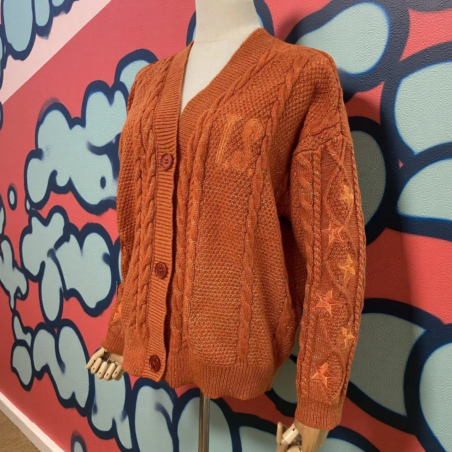 겨울 여성 반짝이는 두꺼운 니트 스웨터 별 자수 오렌지 카디건 봄 여성 Y2K 금사 쇼걸 ... - 4